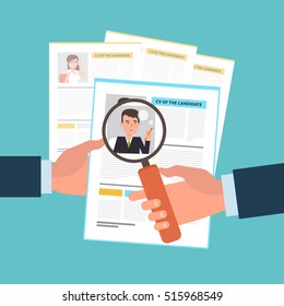 Flat illustration of the search of a candidate. A concept of the job interview with business resume. Hands with a cv and a magnifying glass. Top view. Simple working situation.