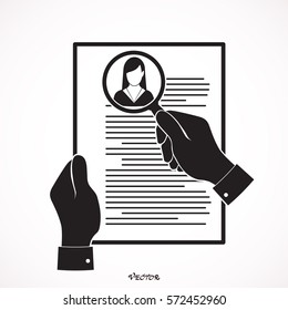 Flat illustration of the search of a candidate. A concept of the job interview with business resume. Hands with a cv and a magnifying glass. Top view. Simple working situation.