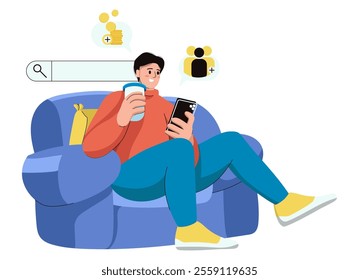 Flat illustration of search engine bar with people holding phone surfing internet, streaming music, video, search and sharing location, send messages, and trading coin. Isolated on white background.