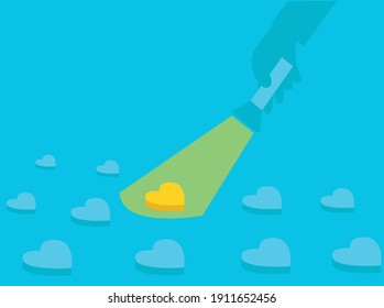 Flat illustration of searching odd or true love from crowd which stands out, isometric heart shape love, a man holding torch to find the odd or true love.