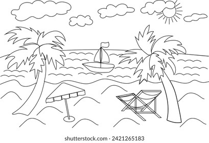 Flat illustration seascape. Black white illustration sea sun sand beach palm trees umbrella and folding chair