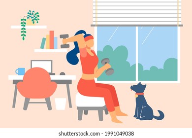 Flat illustration of seated dumbbell workout at home. Woman in sports wear sitting on a stool exercising using dumbbell in the study room