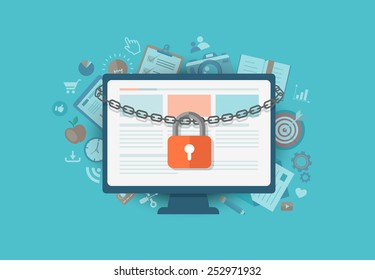 Flat Illustration Of Security Center. Lock With Chain Around  Laptop. Eps10