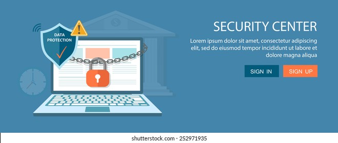 Flat illustration of security center. Lock with chain around  laptop. Eps10