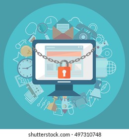 Flat illustration of security center. Lock with chain around computer.