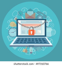 Flat illustration of security center. Lock with chain around computer.