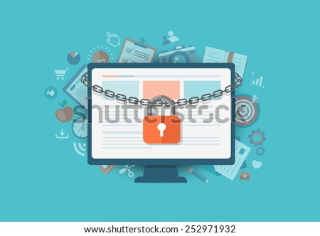 Flat illustration of security center. Lock with chain around  laptop. Eps10