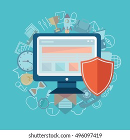 Flat illustration of security center. Shield defend.