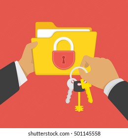 Flat illustration of security center. Yellow folder with lock and keys in the hands of man. Data protection, internet security flat illustration concepts.