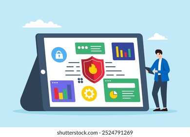 Ilustración plana del consultor de seguridad que sostiene la tableta que muestra el tablero de protección de la red