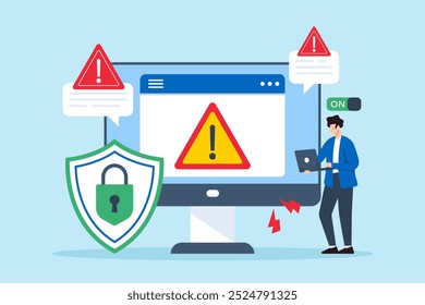 Ilustración plana del experto en seguridad que activa el software antivirus en la computadora con advertencia de malware bloqueado