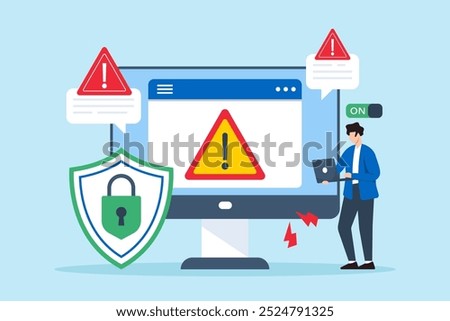 Flat illustration of security expert activating antivirus software on computer with malware blocked warning