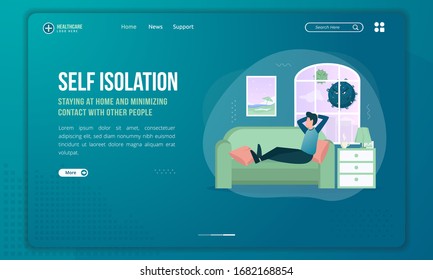 Flat illustration of self isolation at home,  Staying at home and minimizing contact with other people on landing page template