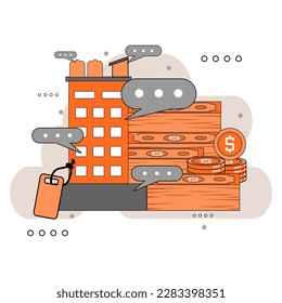 Flat illustration of selling high rise building with some money beside the building and some comments about the advantages of buying the building.