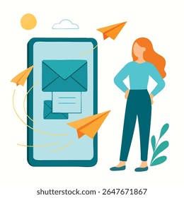 Flat Illustration Sending Email from Smartphone with Woman and Paper Planes