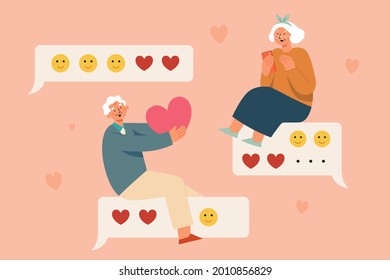 Ilustración plana de pareja de ancianos comunicándose a través de una aplicación móvil de mensajería en línea