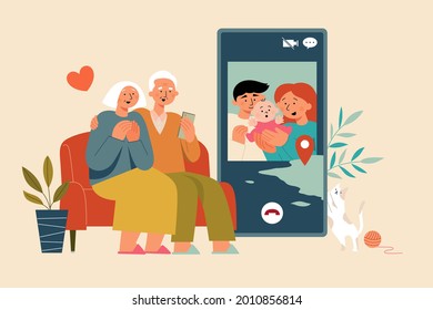 Flat illustration with senior couple sitting on sofa having video call with son's family while staying at home