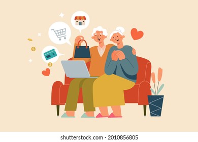 Ilustración plana de una pareja mayor que usa un portátil para comprar en línea. Ancianos disfrutan navegando por Internet en casa para comprar comestibles