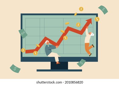 Flat illustration of senior couple's financial growth displayed on computer monitor. Concept of return on investment, pension savings account growth