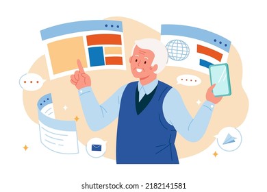 Flat illustration of senior man holding mobile phone with web pages and icons around