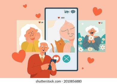 Flat illustration of senior man looking and liking photos of senior woman's on social medial photos app