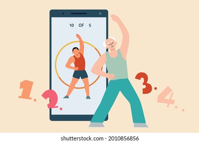 Flat illustration of senior man stretching in front of a large mobile phone screen with a trainer showing the workout routine with timer