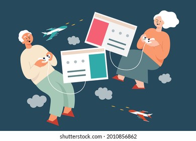 Flat illustration of senior man and woman playing airplane shooting game using consoles