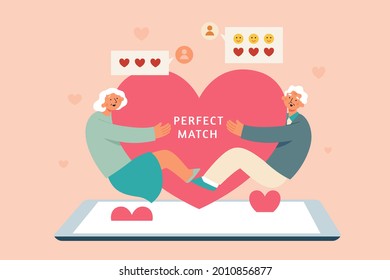 Flat illustration of senior man and woman being their perfect match on online dating app, holding a big red heart between each other