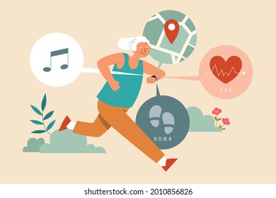 Flat Illustration Of A Senior Woman Wearing A Fitness Tracker Watch With Pedometer, Heart Rate Sensor, GPS, And Music App While Running Outdoor