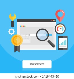 Flat illustration - Seo services, Search engine strategy, Search optimization, - vector background on blue background