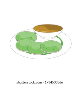 Ilustración plana de Serabi sobre una placa blanca. Serabi es un panqueque indonesio hecho de harina de arroz con coco