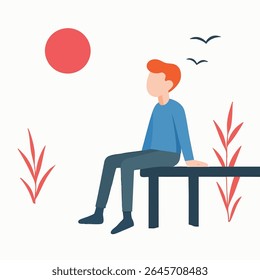Flat Illustration Serene Man Sitting on Bench Enjoying Nature View