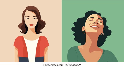 Ilustración plana de arte vector femenino serio y sonriente