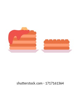 Flat illustration set of baked waffles on a plate side view on a white background. Breakfast treat. Belgian waffles. Vector object for logos, icons, menus, recipes and your design.