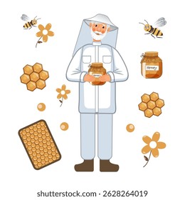 Flat Illustration Set: Beekeeping Collection including a isolated elements: beekeeper, bees, honey, flowers, and honeycombs. For Honey product packaging, Eco-friendly branding, Nature-themed designs