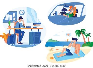 flat illustration set, calling with phone from office, summer vacation , in car perfect if used as web or mobile ui