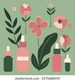 Flat illustration set of cosmetics serum cream natural