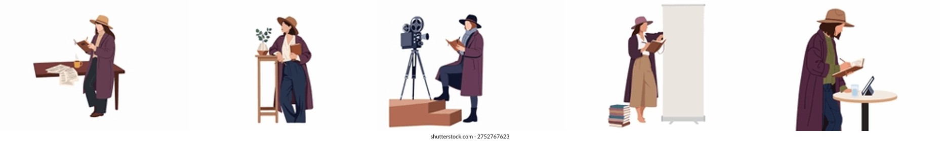 Flat illustration set of creative professional women writing, filming, and brainstorming in stylish autumn outfits, perfect for office and artistic concepts.