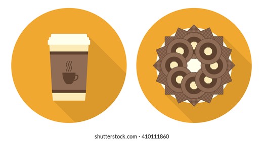 Flat illustration set: cup of coffee, plate with cookies and wafers