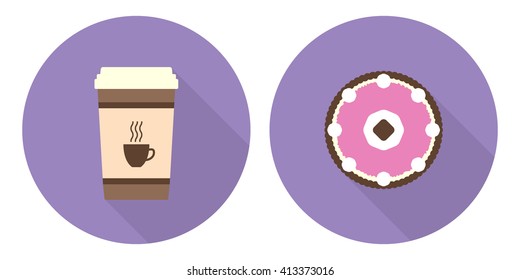 Flat illustration set: cup of coffee and pie
