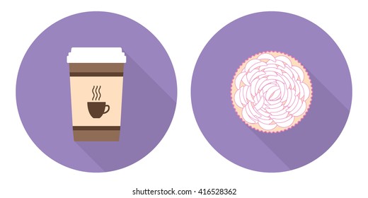 Flat illustration set: cup of coffee and apple pie