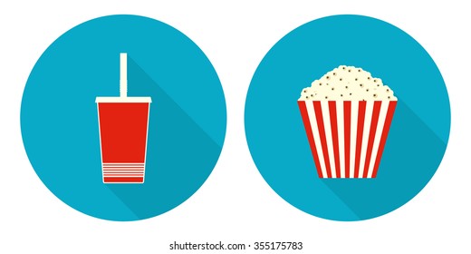Flat illustration set - cup of cola and striped bucket of popcorn