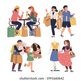 Flat illustration set. Different groups of people doing shopping in mall.