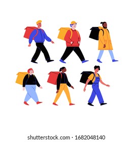 Flat illustration set of diversed food delivery people with thermobags