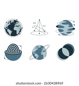 Flat Illustration Set of Earth s Rotation Orbit and Structure