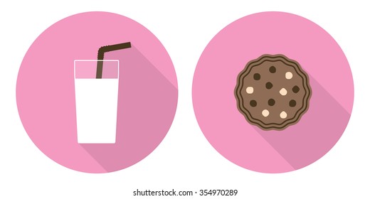 Flat illustration set: glass of milk and cookie