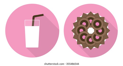 Flat illustration set: glass of milk, plate with cookies and wafers