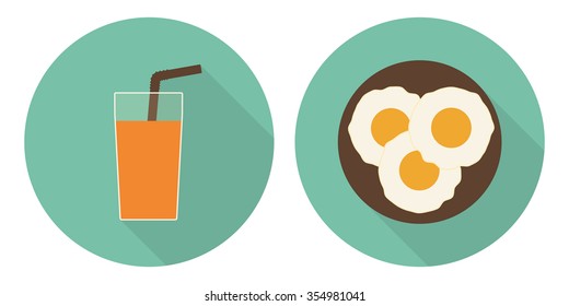 Flat illustration set: glass of orange juice and fried eggs