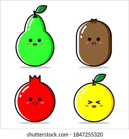 Flat illustration set graphic design of cute fruit vector character. Green pear, kiwi, pomegranate, and orange. Good for logo and mascot.