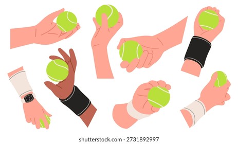 Conjunto de ilustração plana de mãos humanas segurando bolas de tênis verdes em diferentes posições e tons de pele. Estilo moderno limpo vetor isolado no fundo branco. Conceito de esporte de tênis, treinamento, técnicas de aderência, fitness e estilo de vida atlético. Adequado para educação esportiva, materiais de treinamento, cartazes, aplicativos, sites e design editorial.